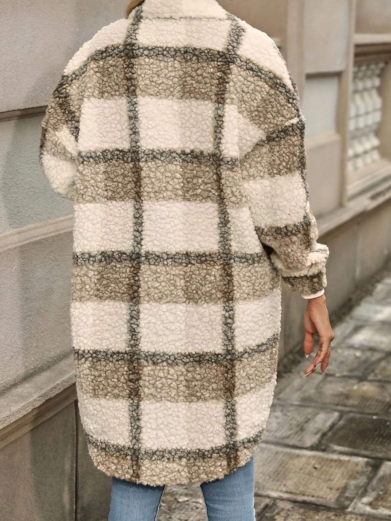 Plaid Pattern Button Front Fuzzy Jacket, Casual Thermal Long Sleeve Long Length Collar Coat For Women