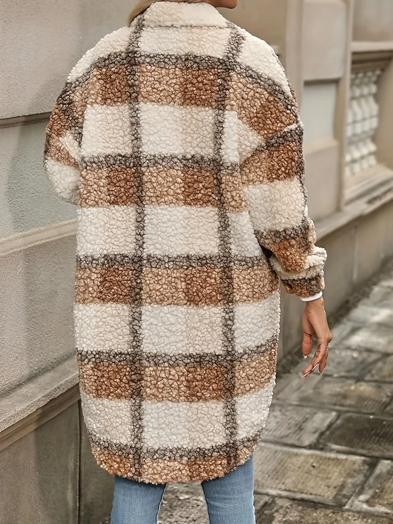 Plaid Pattern Button Front Fuzzy Jacket, Casual Thermal Long Sleeve Long Length Collar Coat For Women