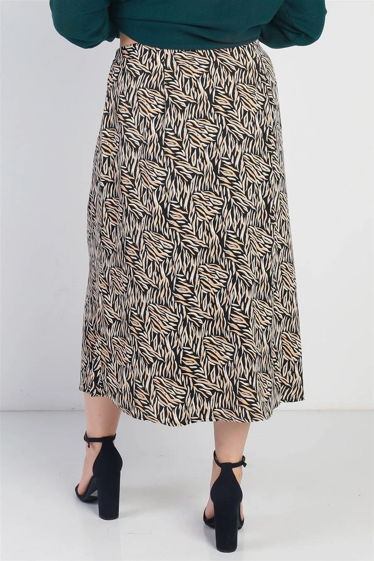 Plus Size Black Printed High Waist  Midi Skirt /2-2-1