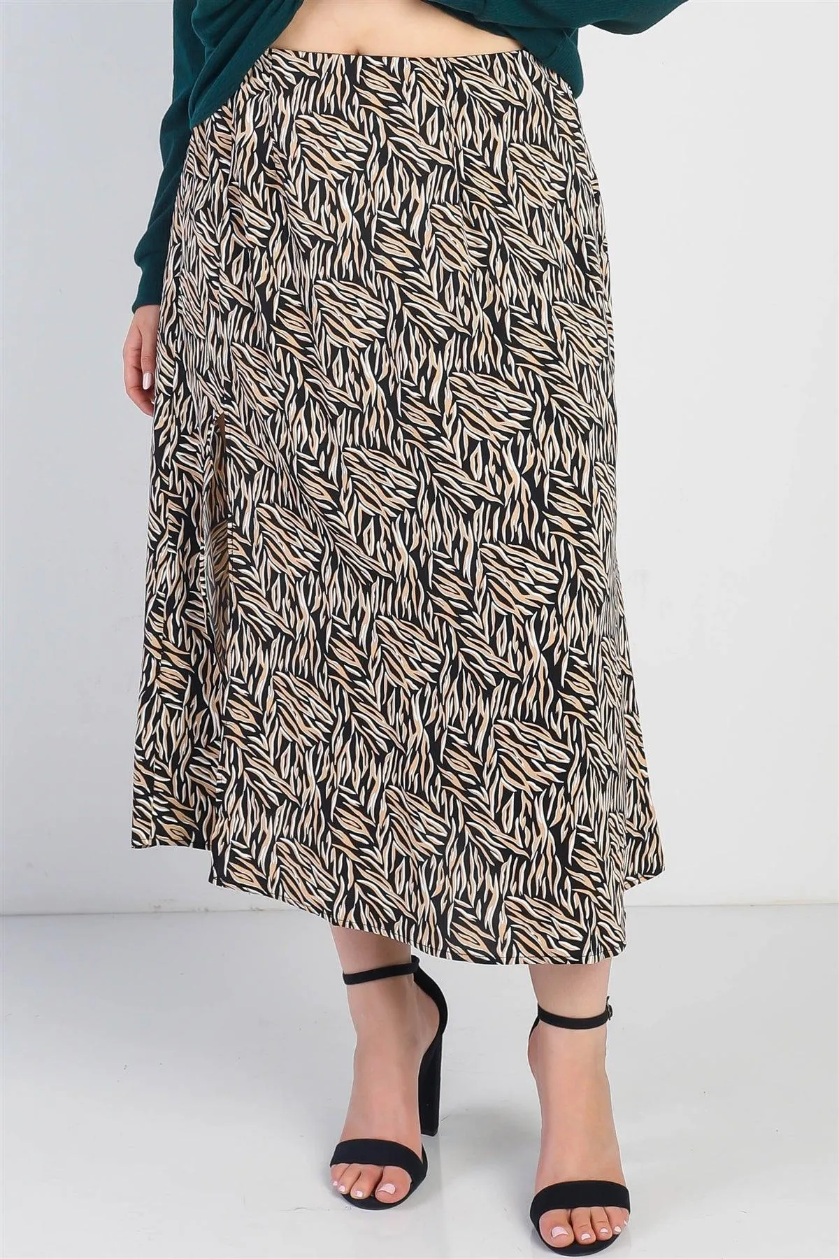 Plus Size Black Printed High Waist  Midi Skirt /2-2-1