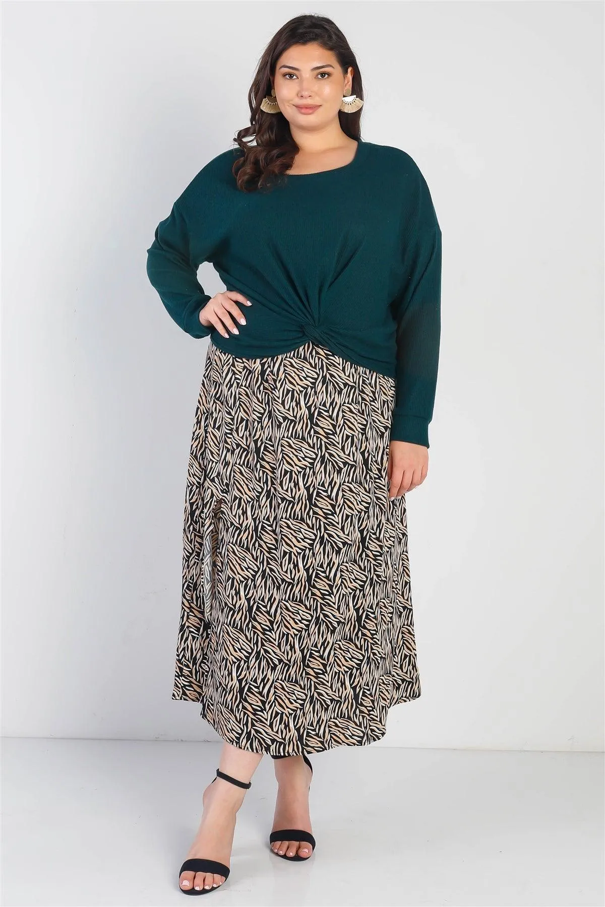 Plus Size Black Printed High Waist  Midi Skirt /2-2-1