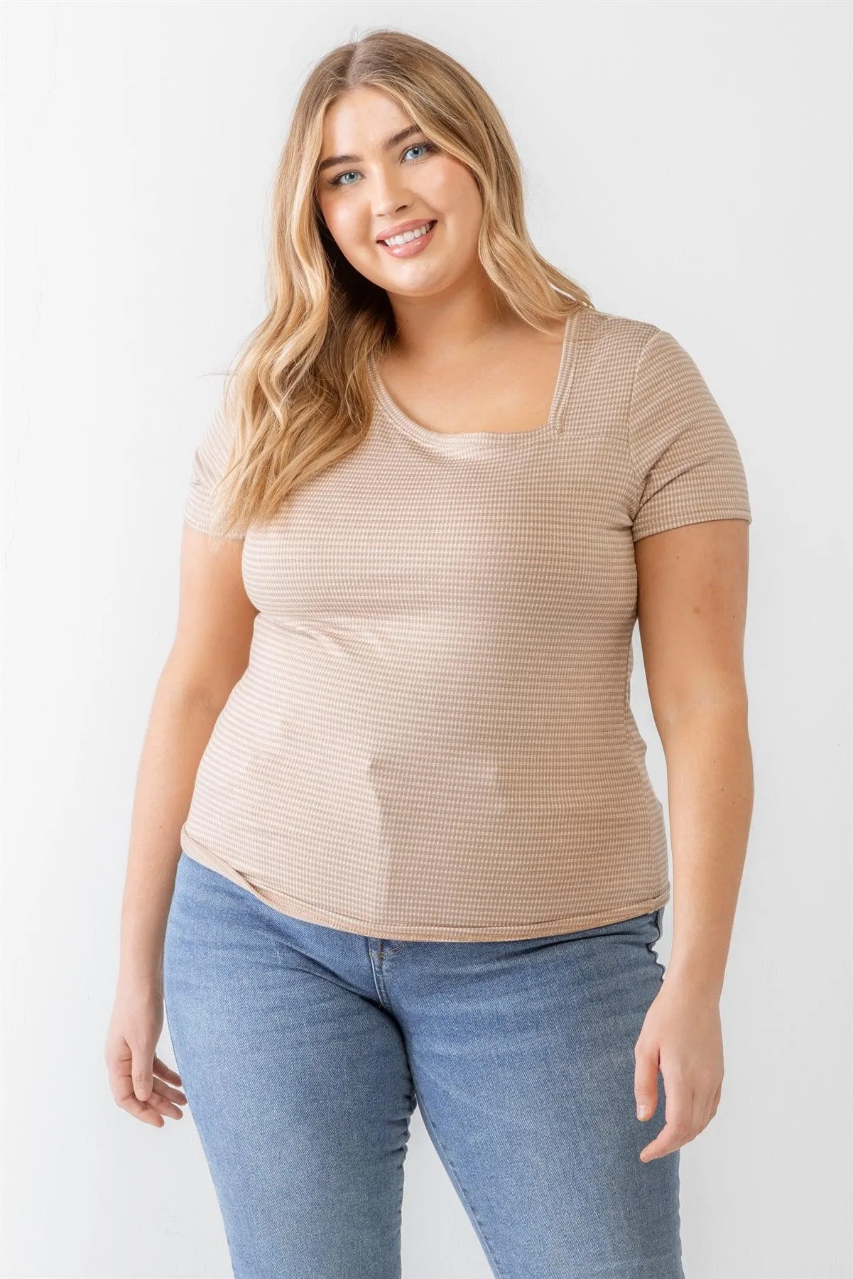 Plus Size Waffle Knit Angled Neck Short Sleeve Top