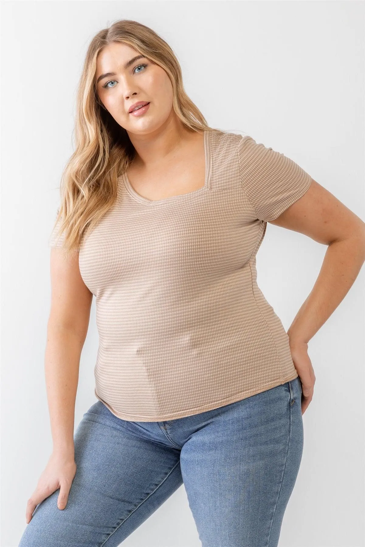 Plus Size Waffle Knit Angled Neck Short Sleeve Top