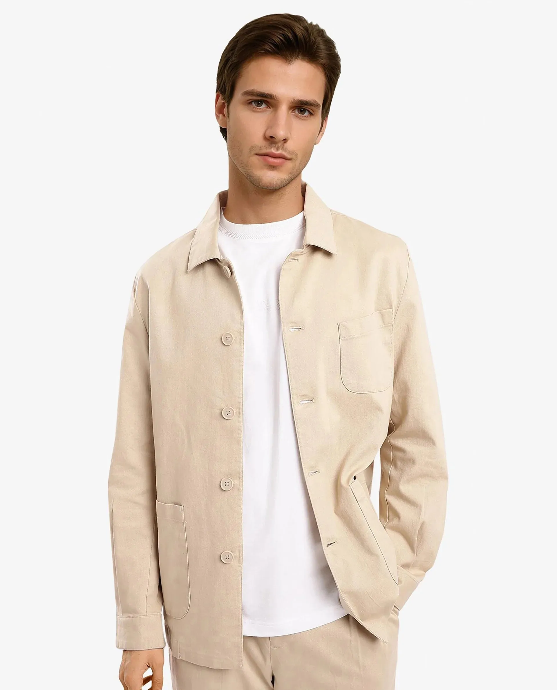 Rare Rabbit Men's Torroy Beige Cotton Spandex Fabric Full Sleeves Regular Fit Plain Jacket