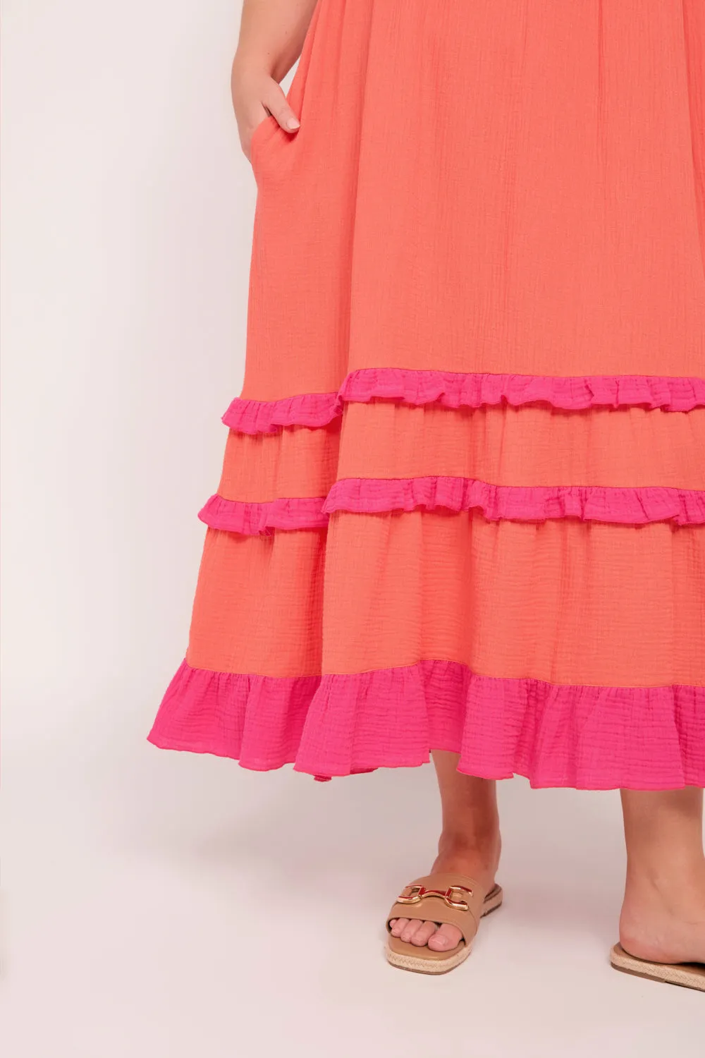 Sabre Crinkle Cotton Frill Dress in Sunset