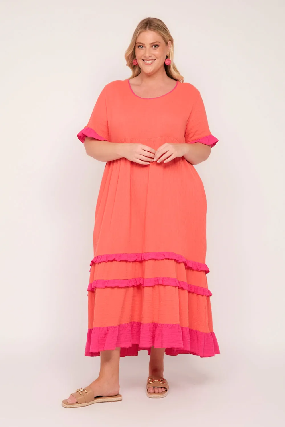 Sabre Crinkle Cotton Frill Dress in Sunset