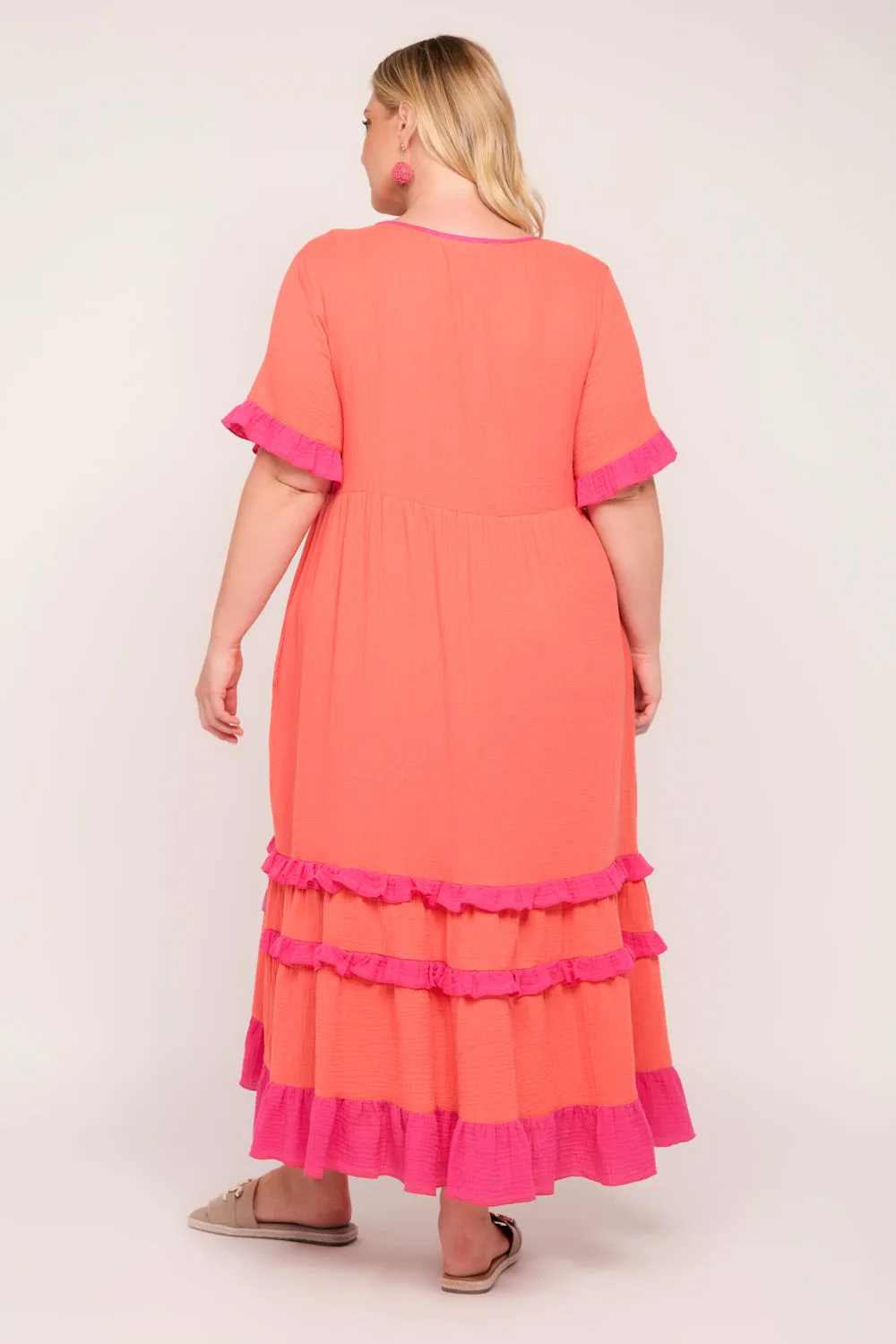 Sabre Crinkle Cotton Frill Dress in Sunset