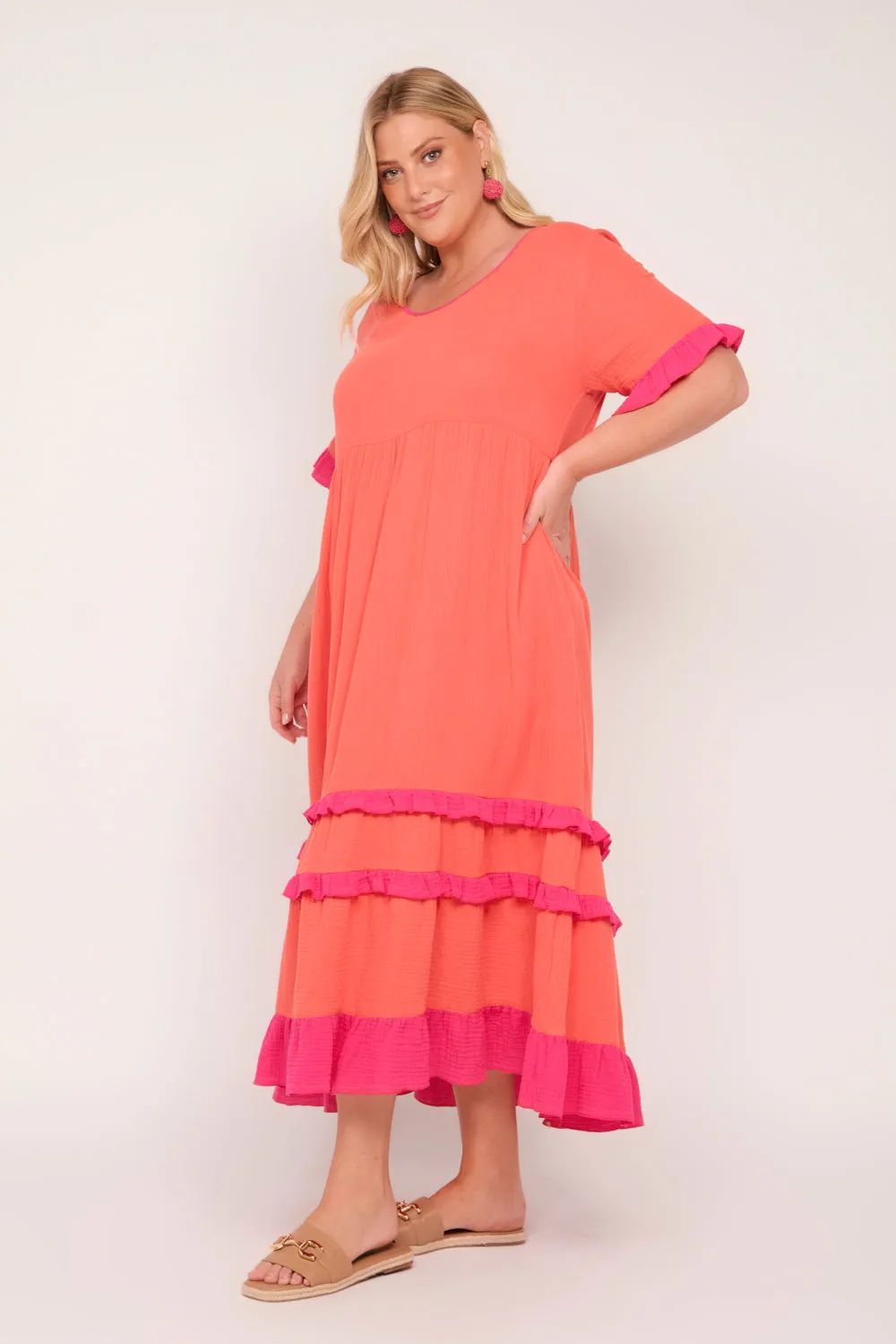 Sabre Crinkle Cotton Frill Dress in Sunset