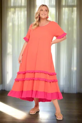 Sabre Crinkle Cotton Frill Dress in Sunset