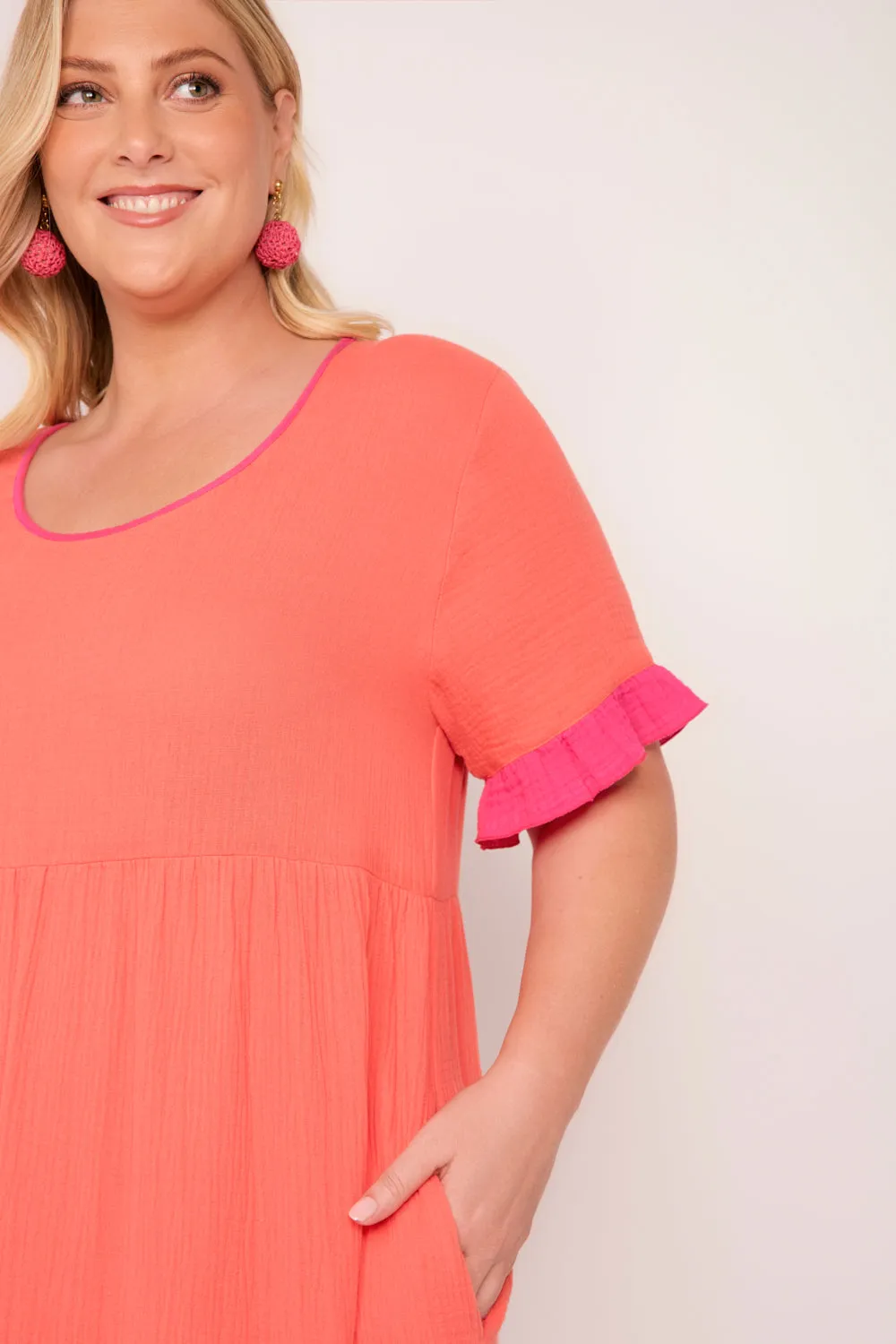 Sabre Crinkle Cotton Frill Dress in Sunset