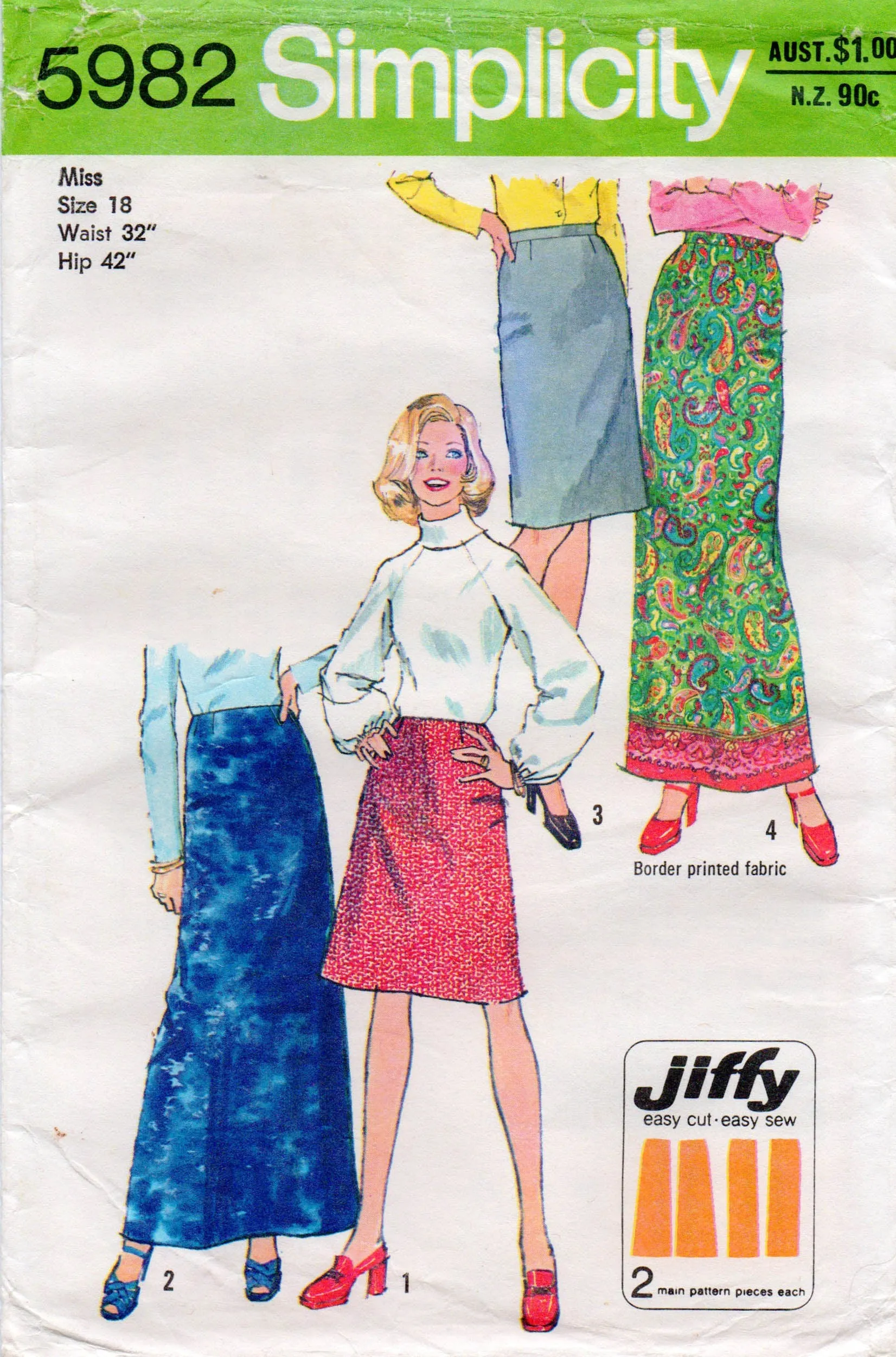 Simplicity 5982 Womens JIFFY Skirt / Maxi Skirt 1970s Vintage Sewing Pattern Waist 28 or 32 inches