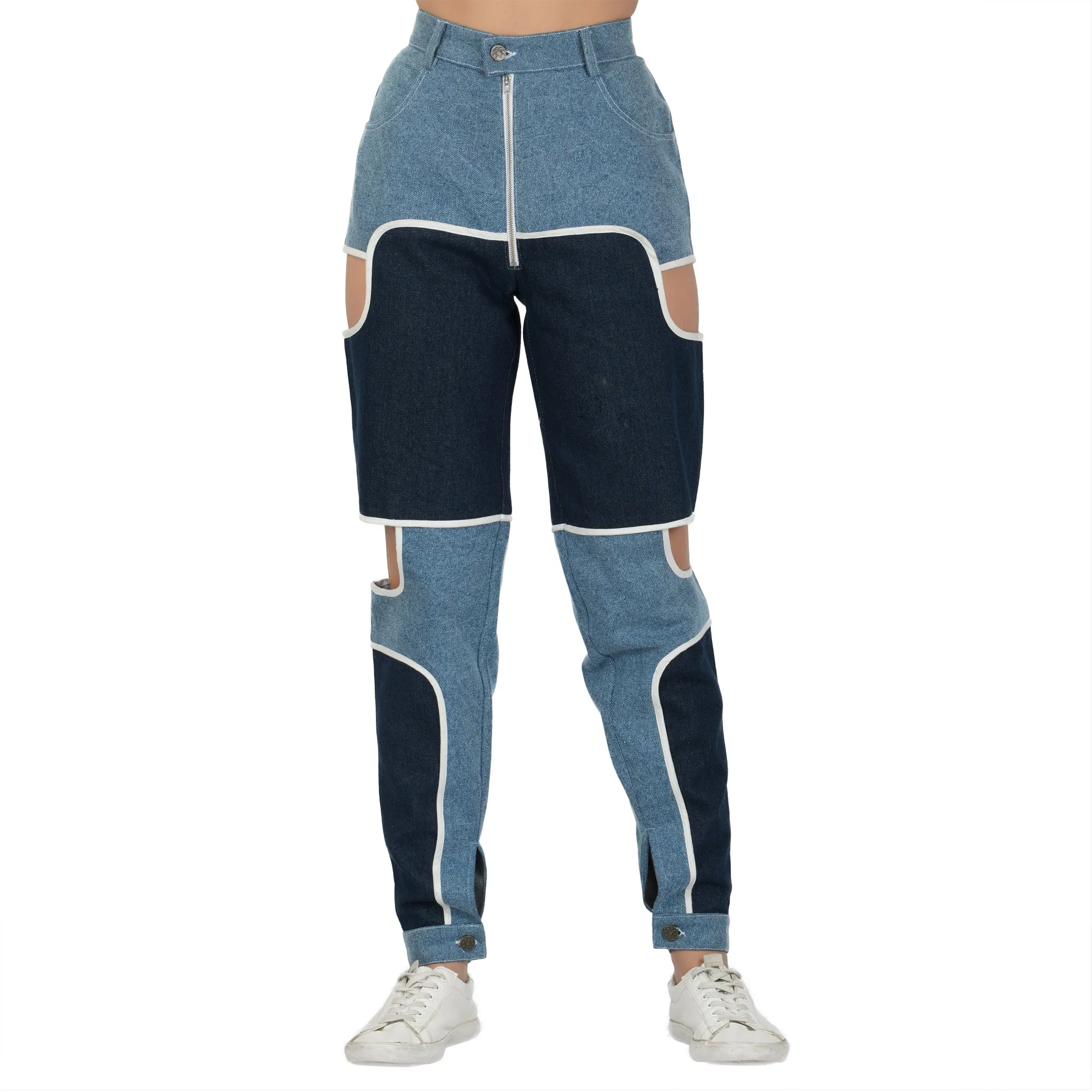 SLAY. Women's Blue & White Colorblock Denim Jeans & Crop Top Co-ord Set