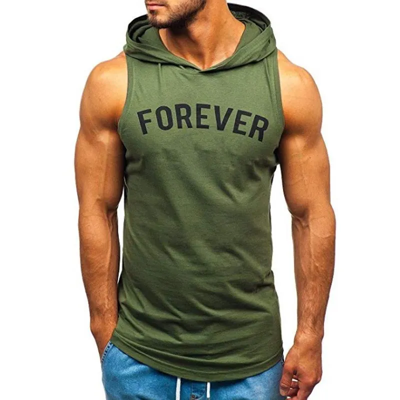 Sleeveless Printed Sports Hooded T-shirt