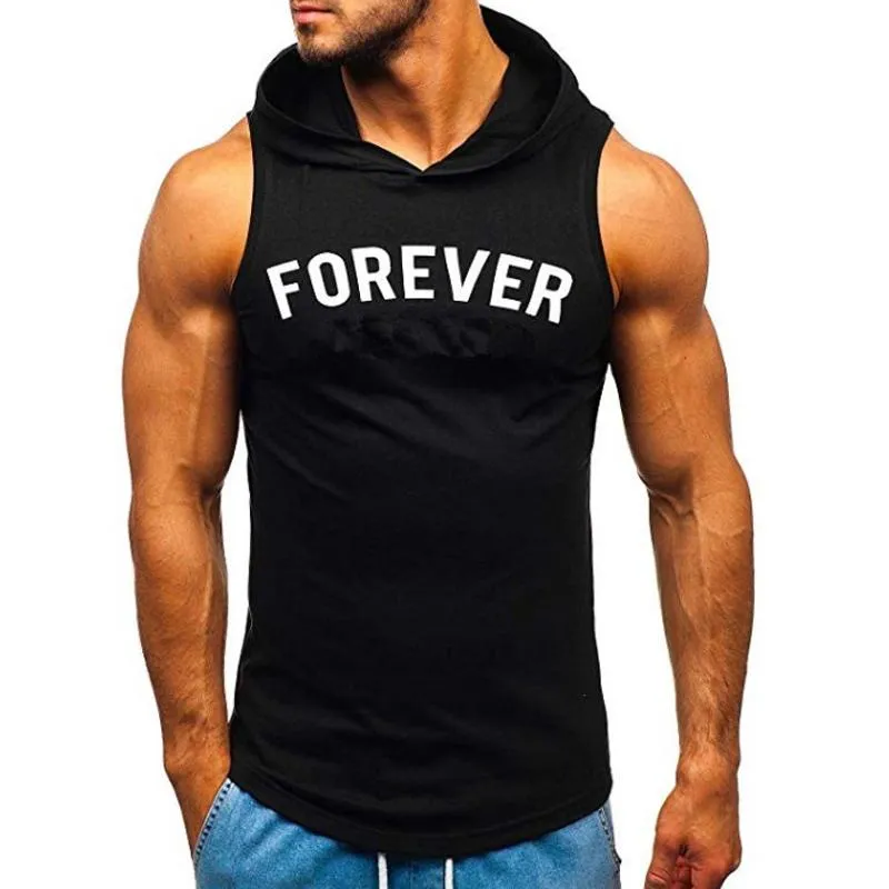 Sleeveless Printed Sports Hooded T-shirt