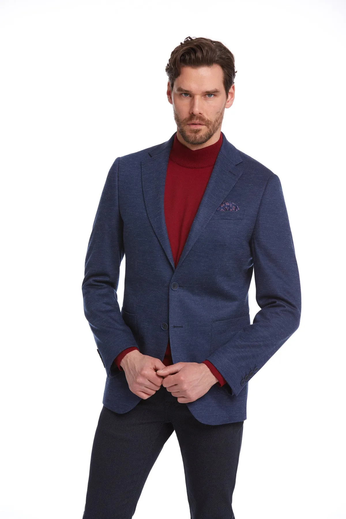 Slim Fit Notch Lapel Plain Wool Blend Navy Casual Blazer, Blue