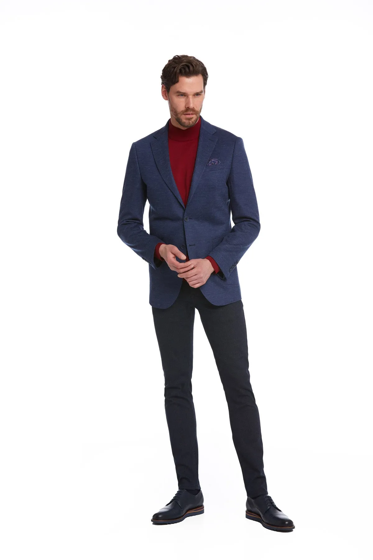 Slim Fit Notch Lapel Plain Wool Blend Navy Casual Blazer, Blue