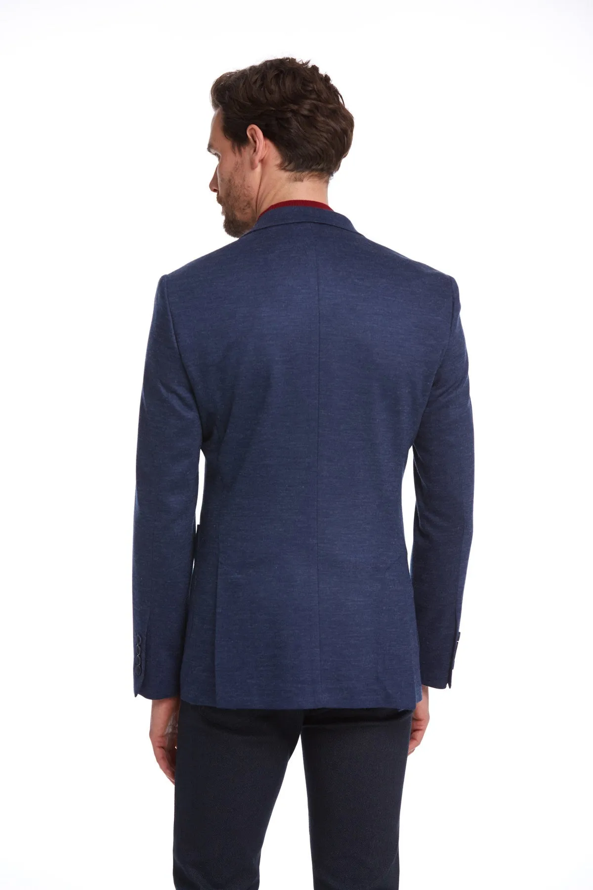 Slim Fit Notch Lapel Plain Wool Blend Navy Casual Blazer, Blue