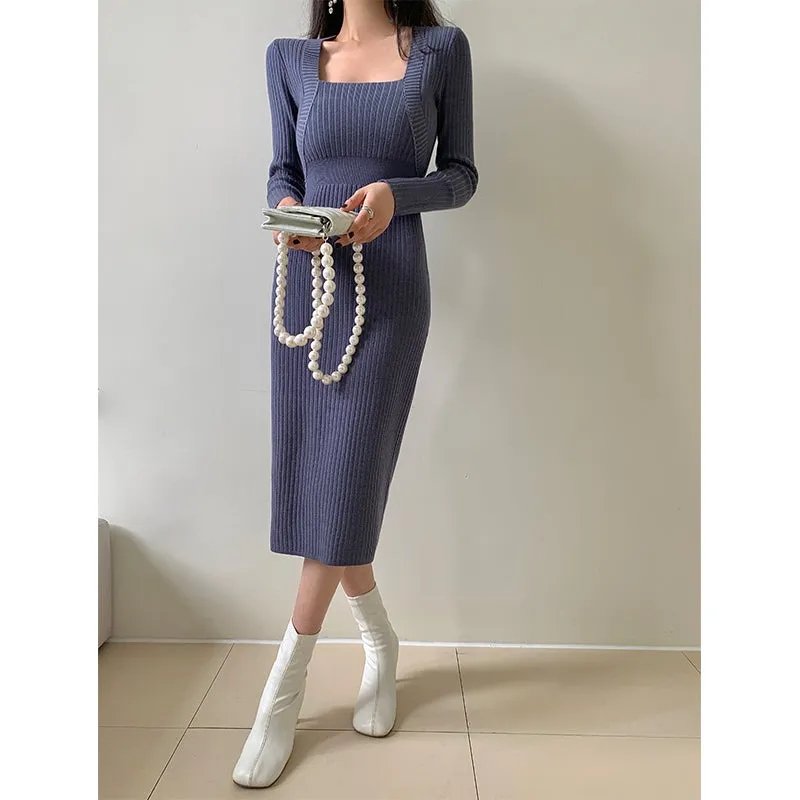 Square neck blue grey sweater knitted midi dress top - Tuliv blue