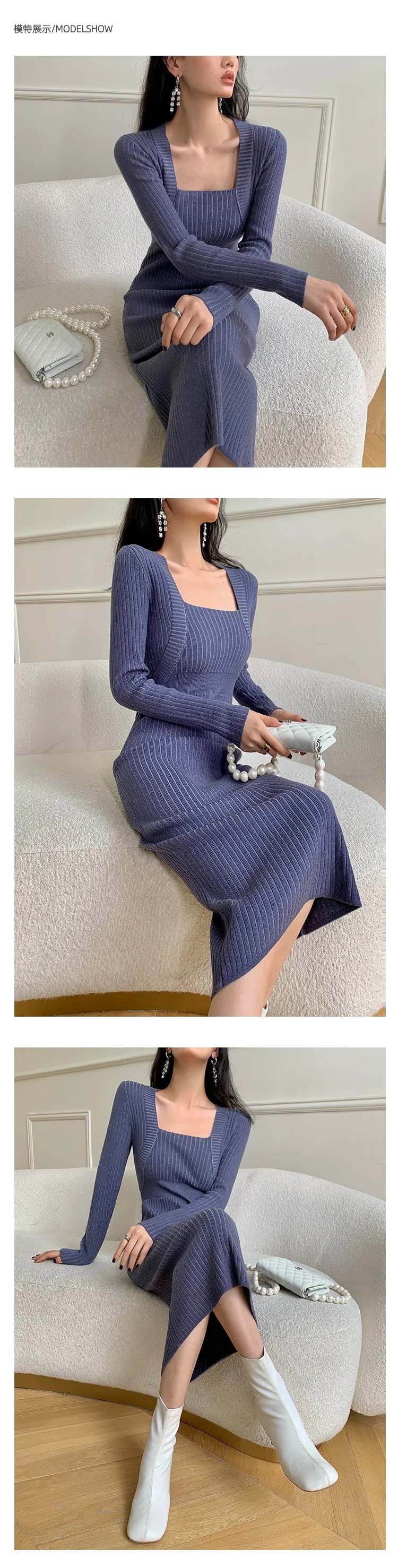 Square neck blue grey sweater knitted midi dress top - Tuliv blue