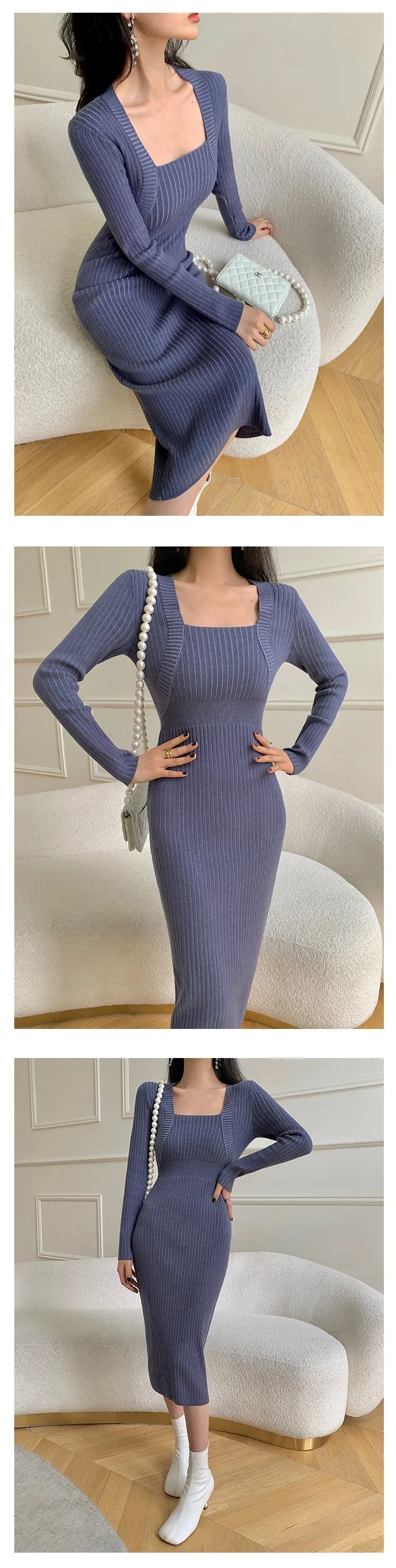 Square neck blue grey sweater knitted midi dress top - Tuliv blue