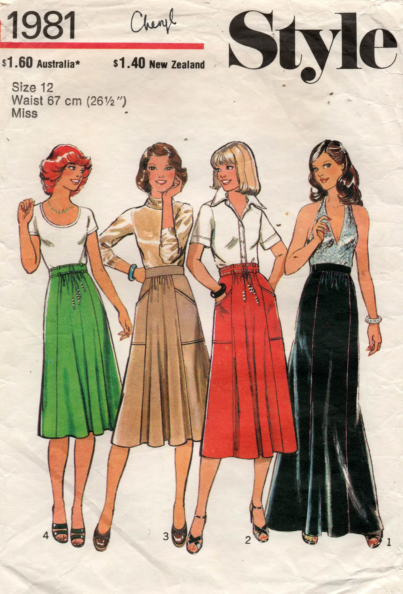 Style 1981 Womens Flared Skirts With Deep Pockets in 4 Lengths 1970s Vintage Sewing Pattern Size 12 Waist 26.5 inches