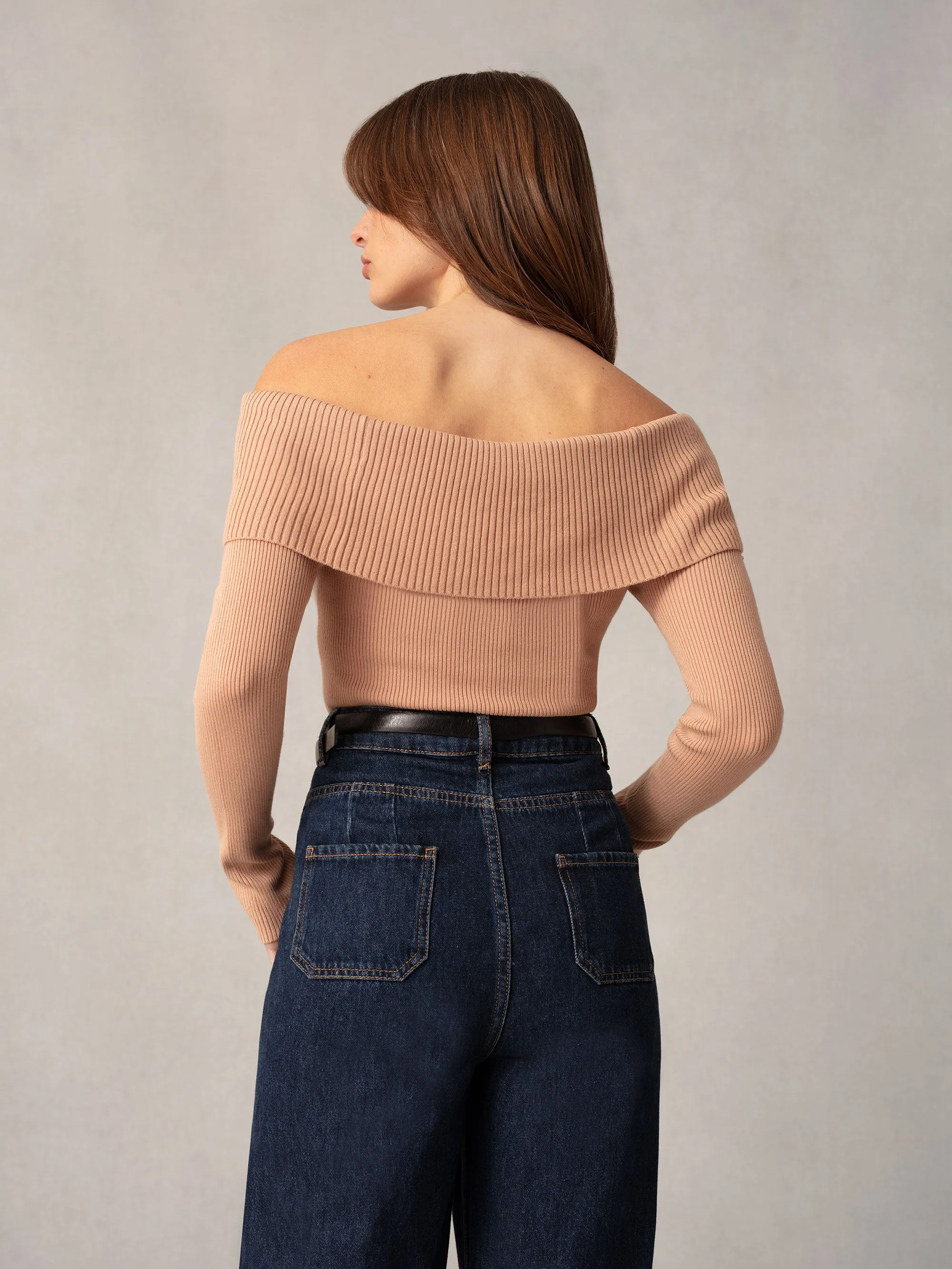 Tan Knit Bardot Top