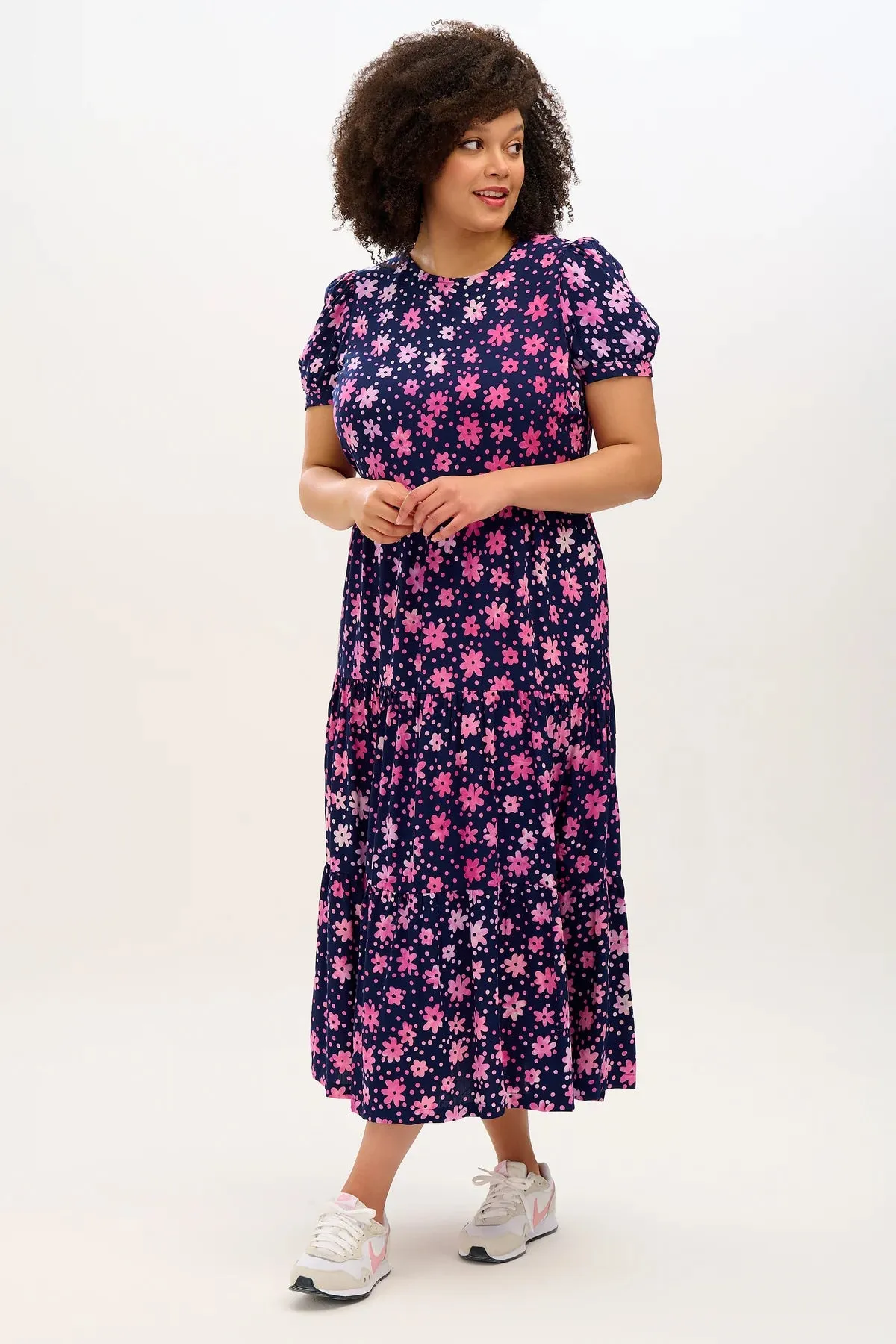 The Portia Batik Maxi Tiered Dress (Navy/Pink, Flower Power)