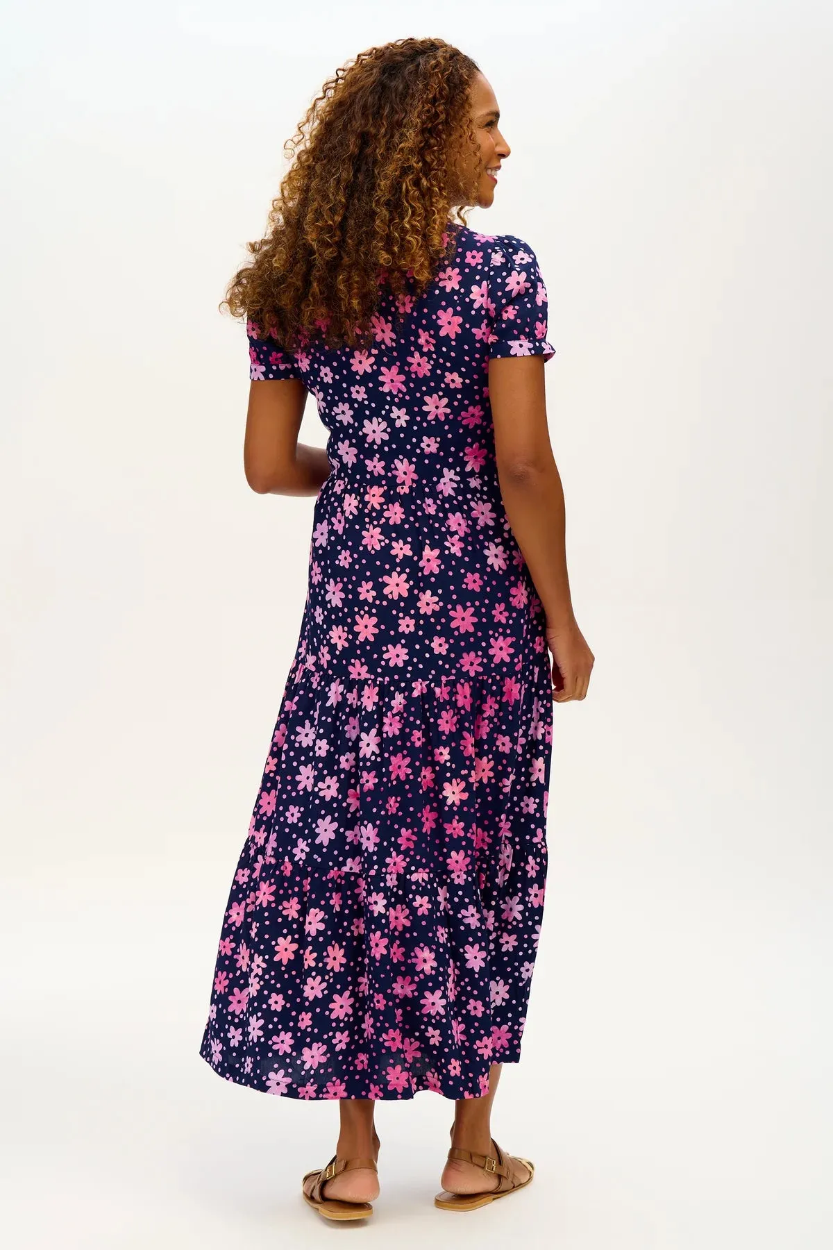 The Portia Batik Maxi Tiered Dress (Navy/Pink, Flower Power)