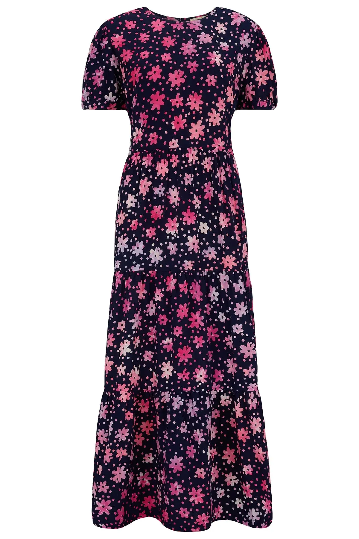 The Portia Batik Maxi Tiered Dress (Navy/Pink, Flower Power)