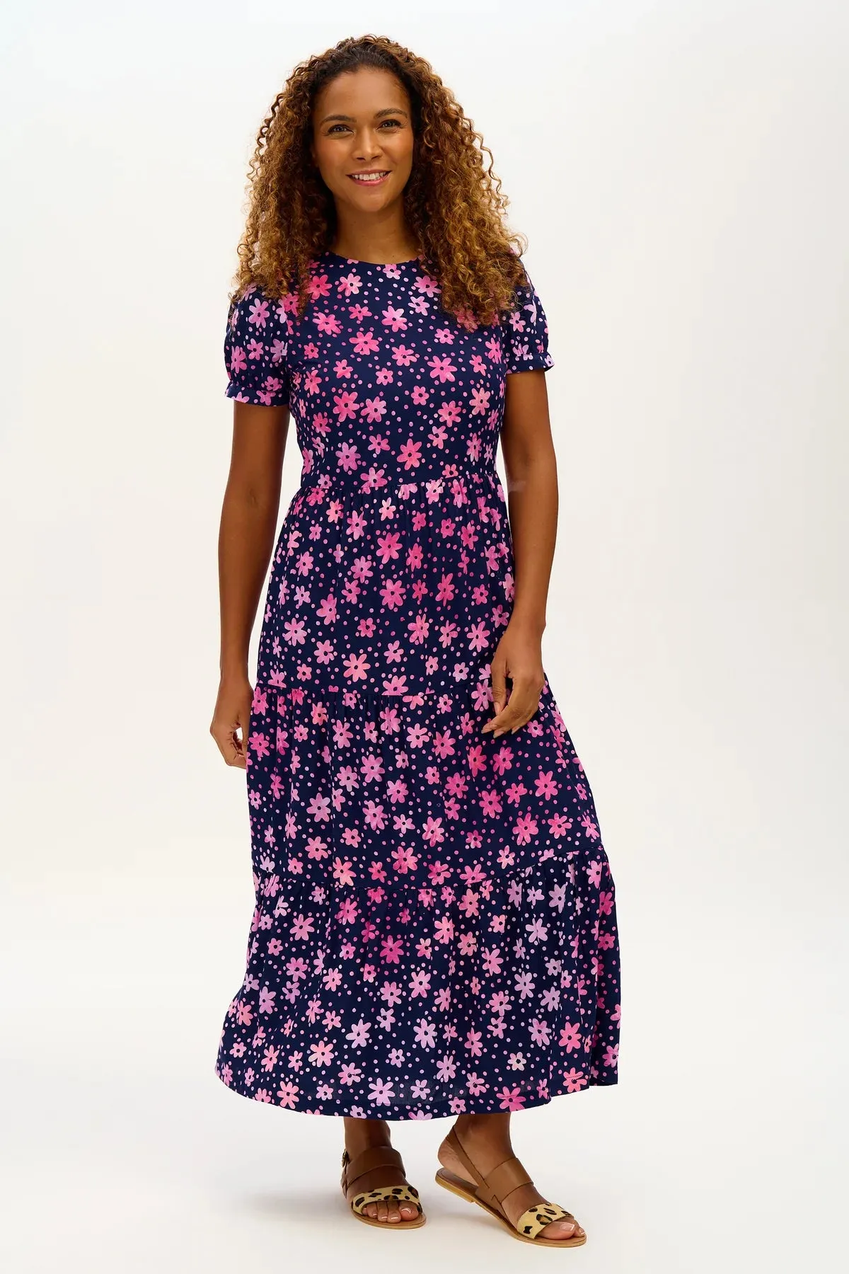 The Portia Batik Maxi Tiered Dress (Navy/Pink, Flower Power)