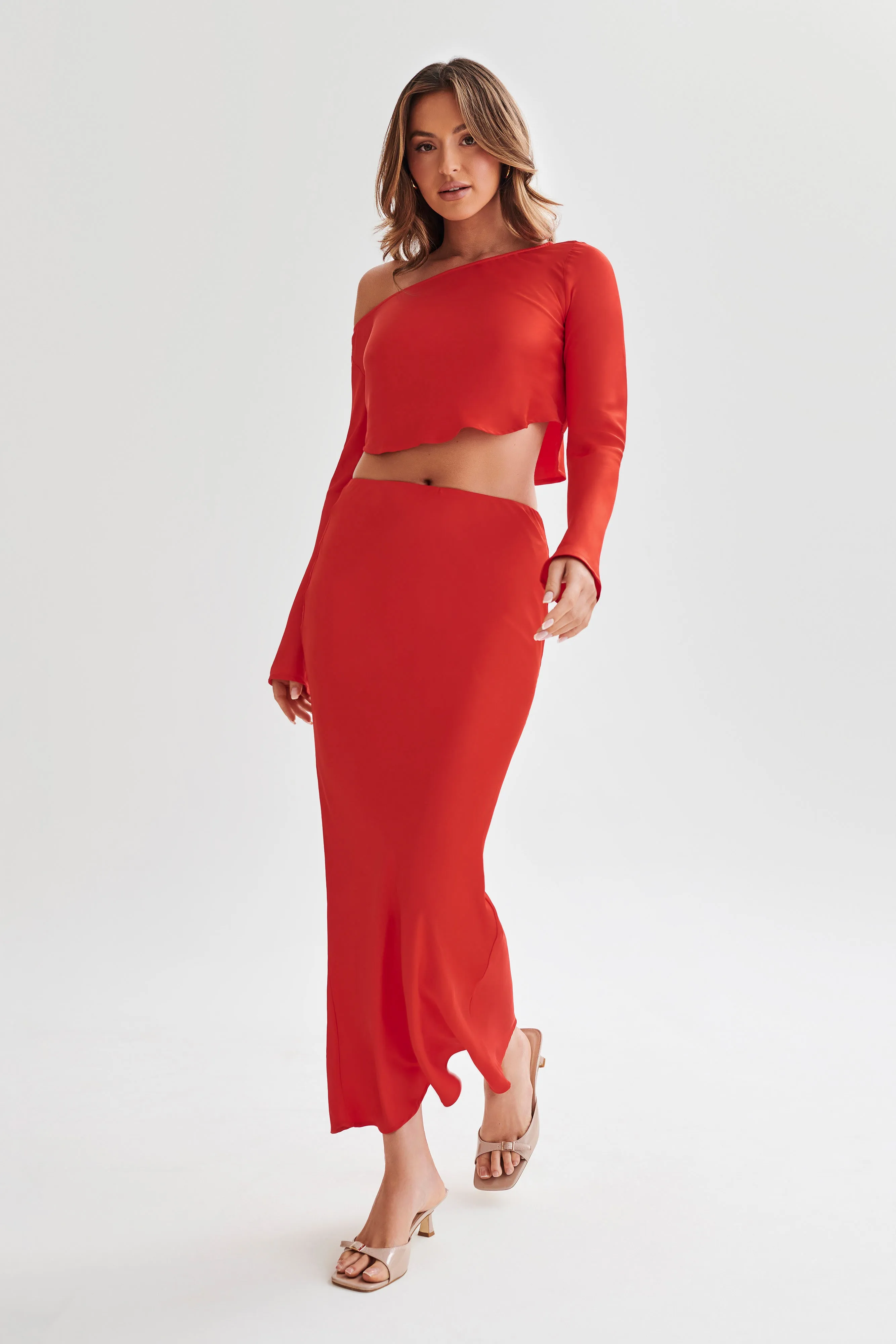 Violeta One Shoulder Satin Top - Red