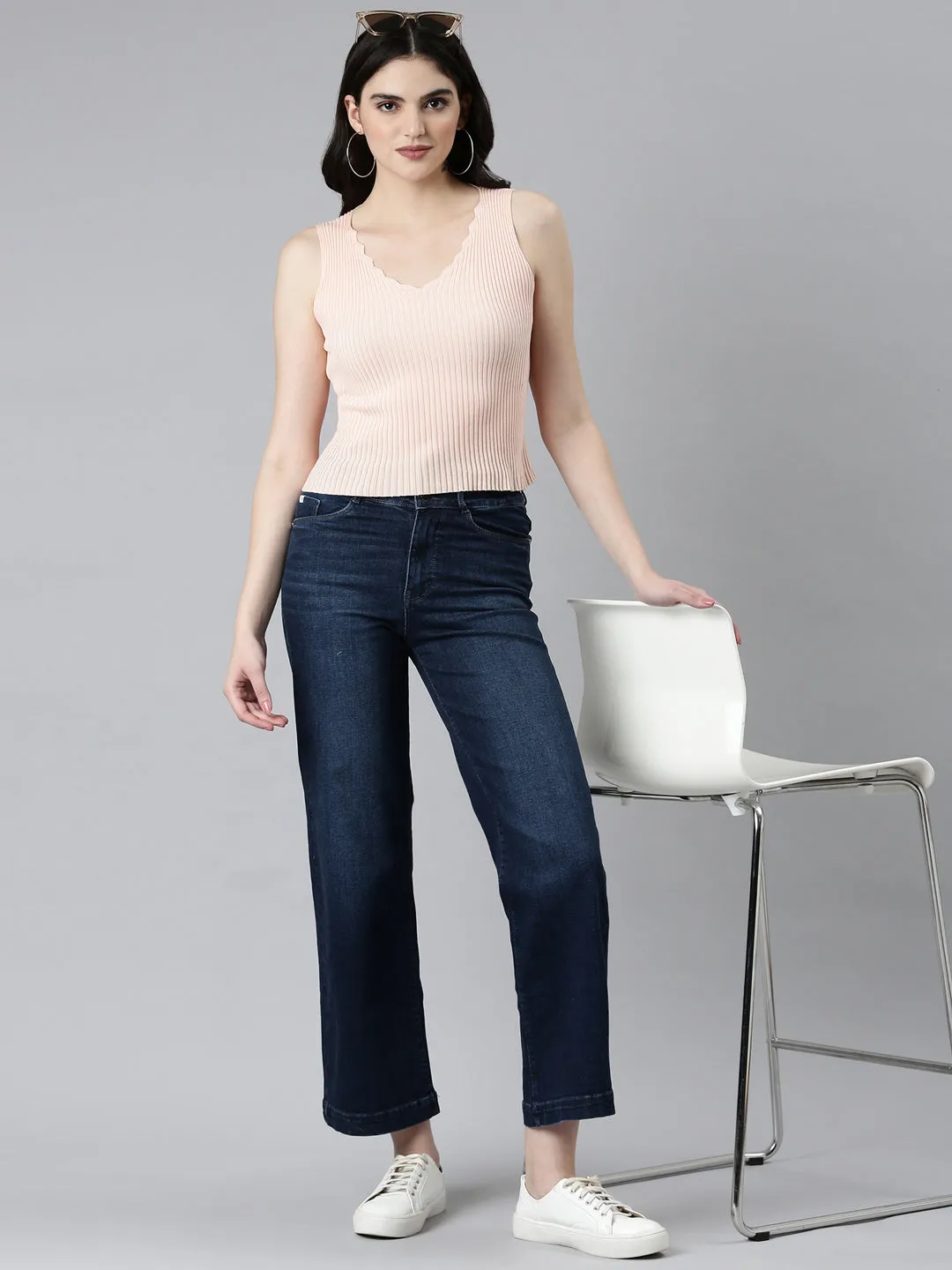 Women Navy Blue Solid Straight Fit Denim Jeans