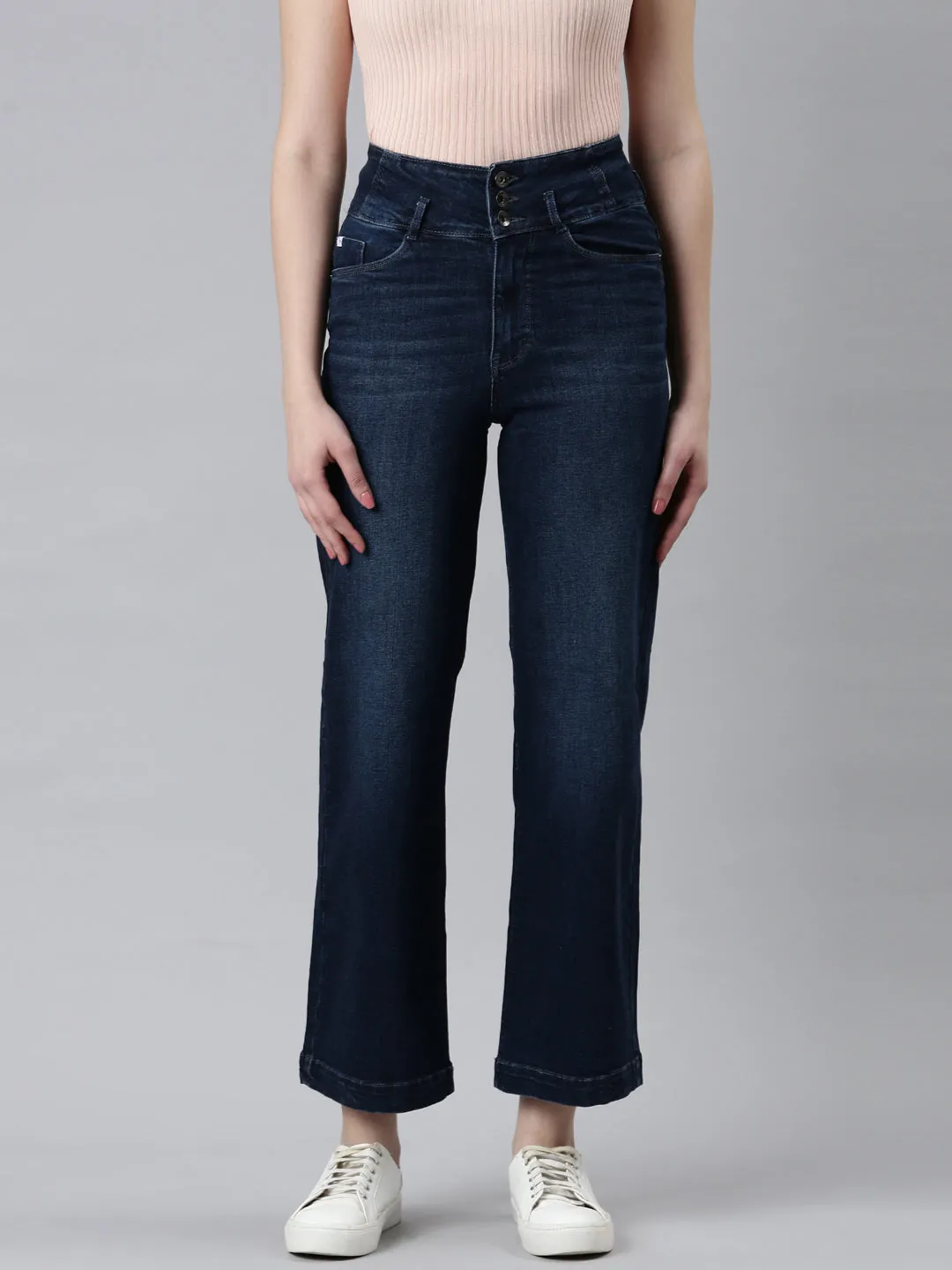 Women Navy Blue Solid Straight Fit Denim Jeans