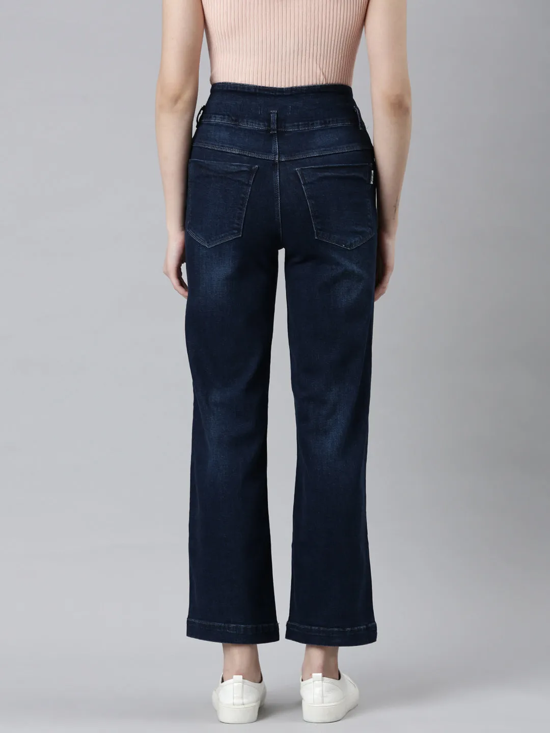 Women Navy Blue Solid Straight Fit Denim Jeans