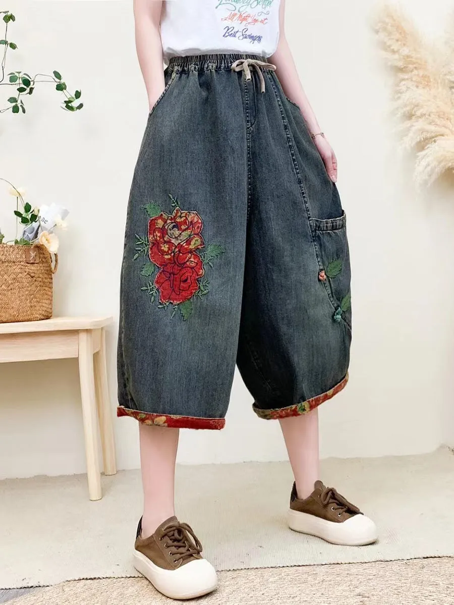 Women Summer Vintage Flower Embroidery Denim Pants QW1024