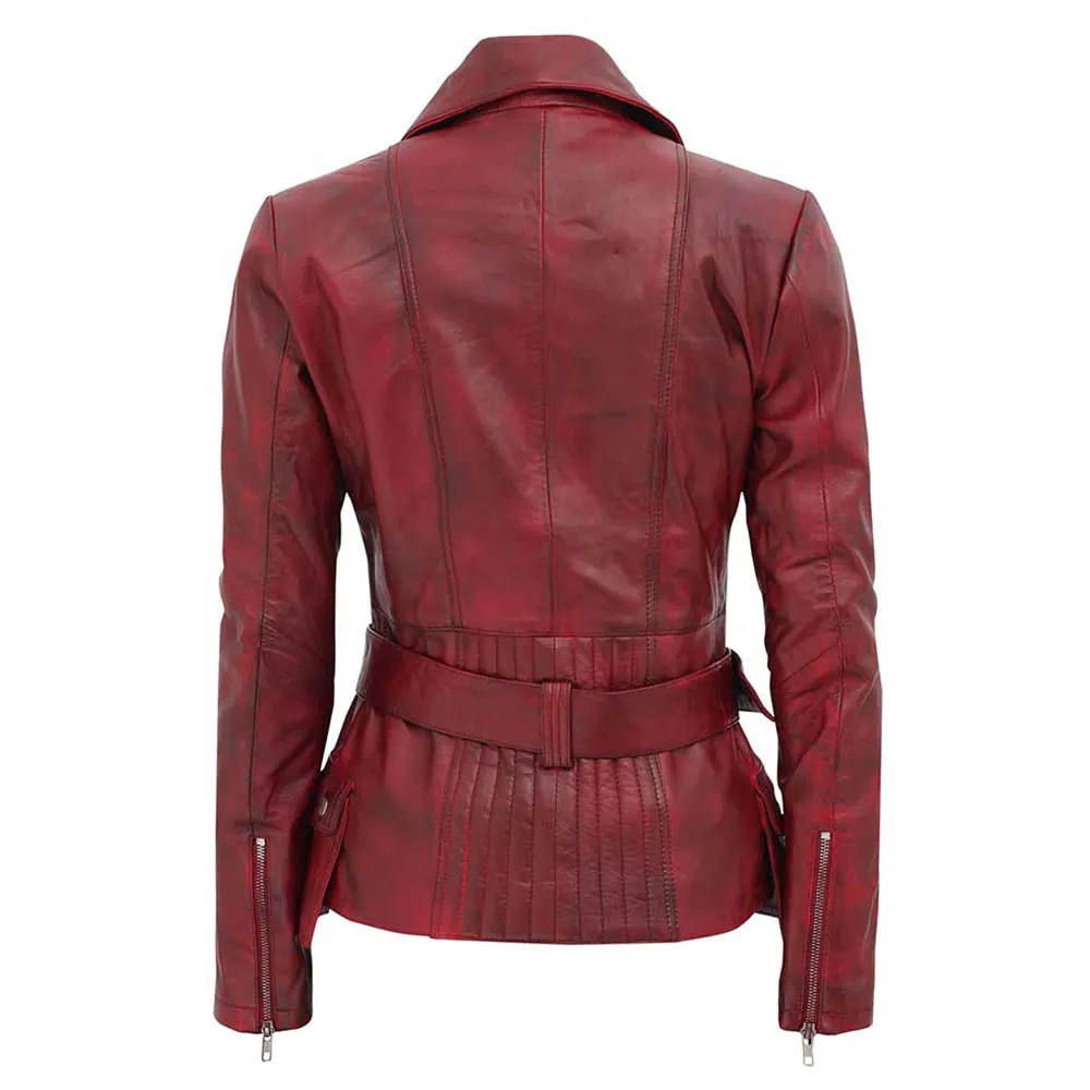 Womens Asymmetrical Burgundy Four Pocket Belted Moto Jacket