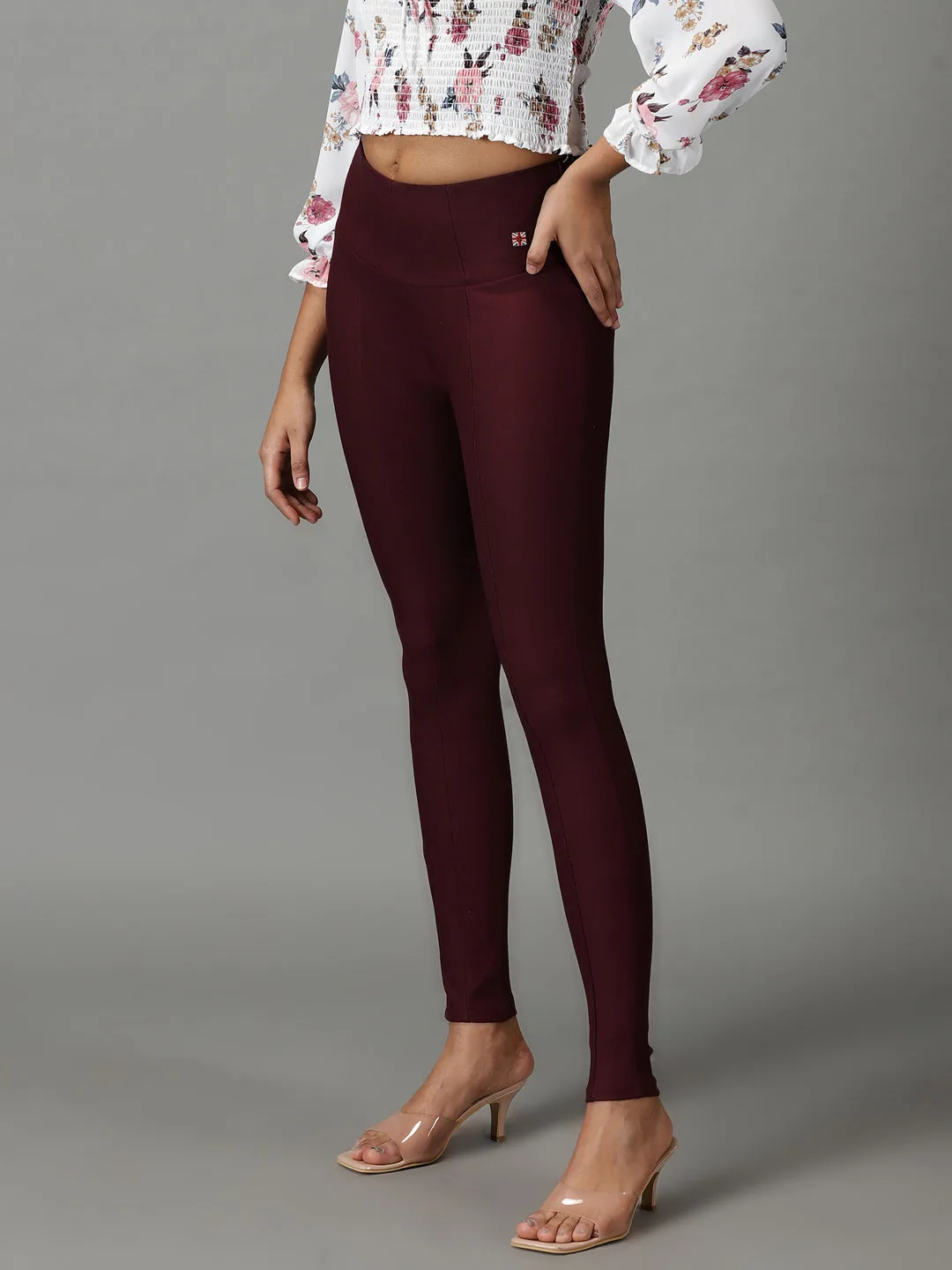 Women's Burgundy Solid Skinny Fit Jegging