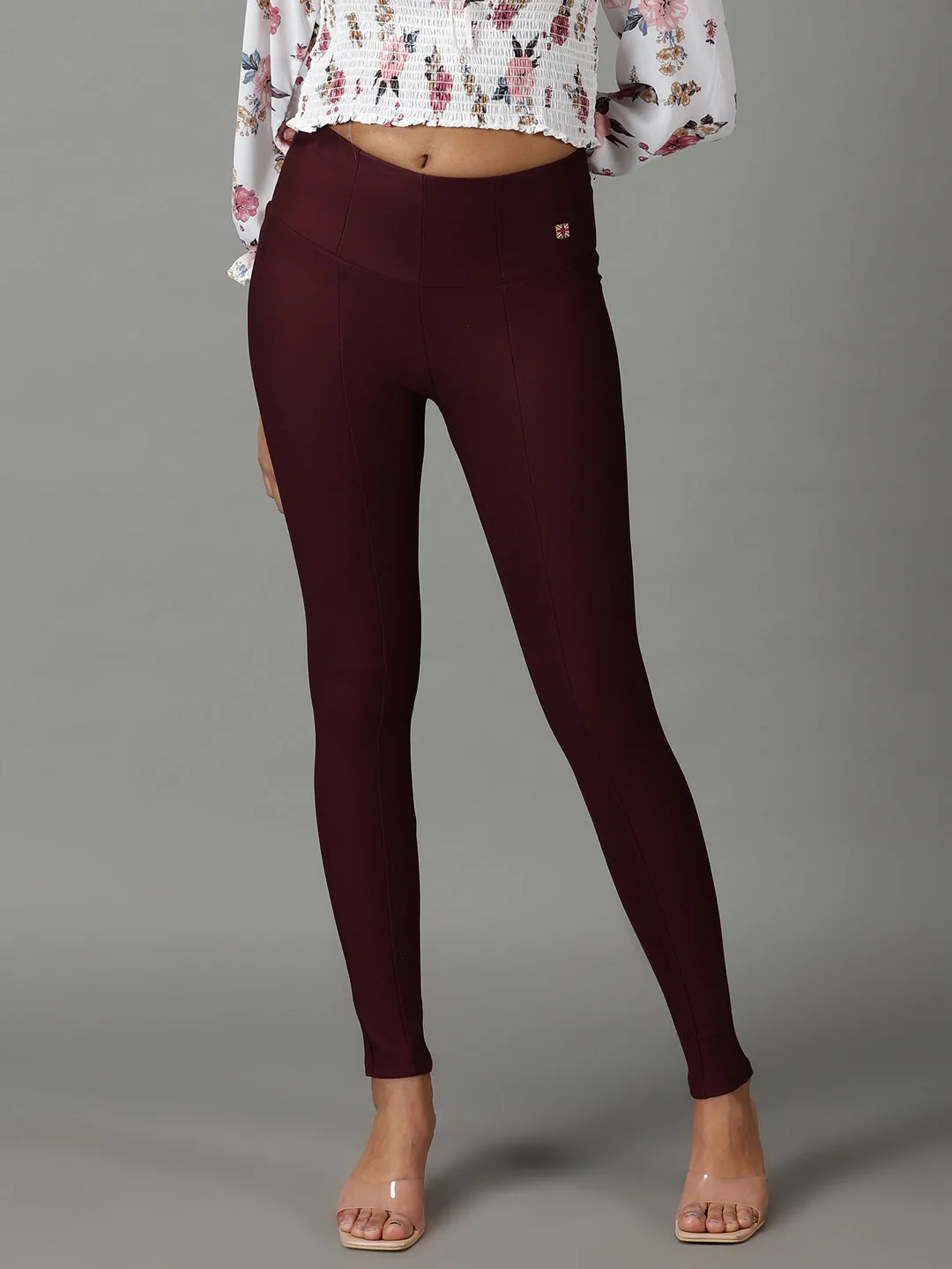 Women's Burgundy Solid Skinny Fit Jegging