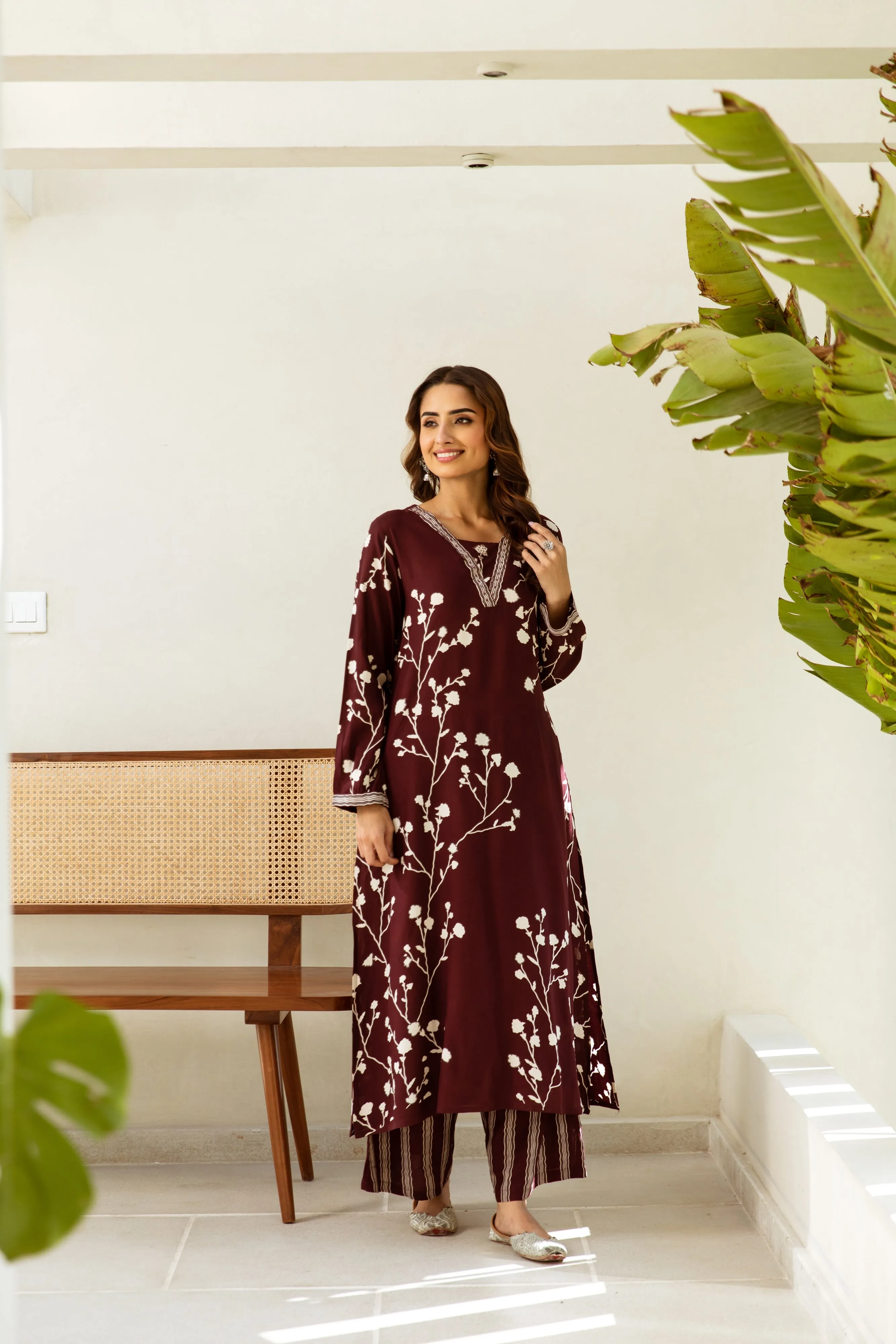 Women's Maroon German rayon Kurta Palazzo Set