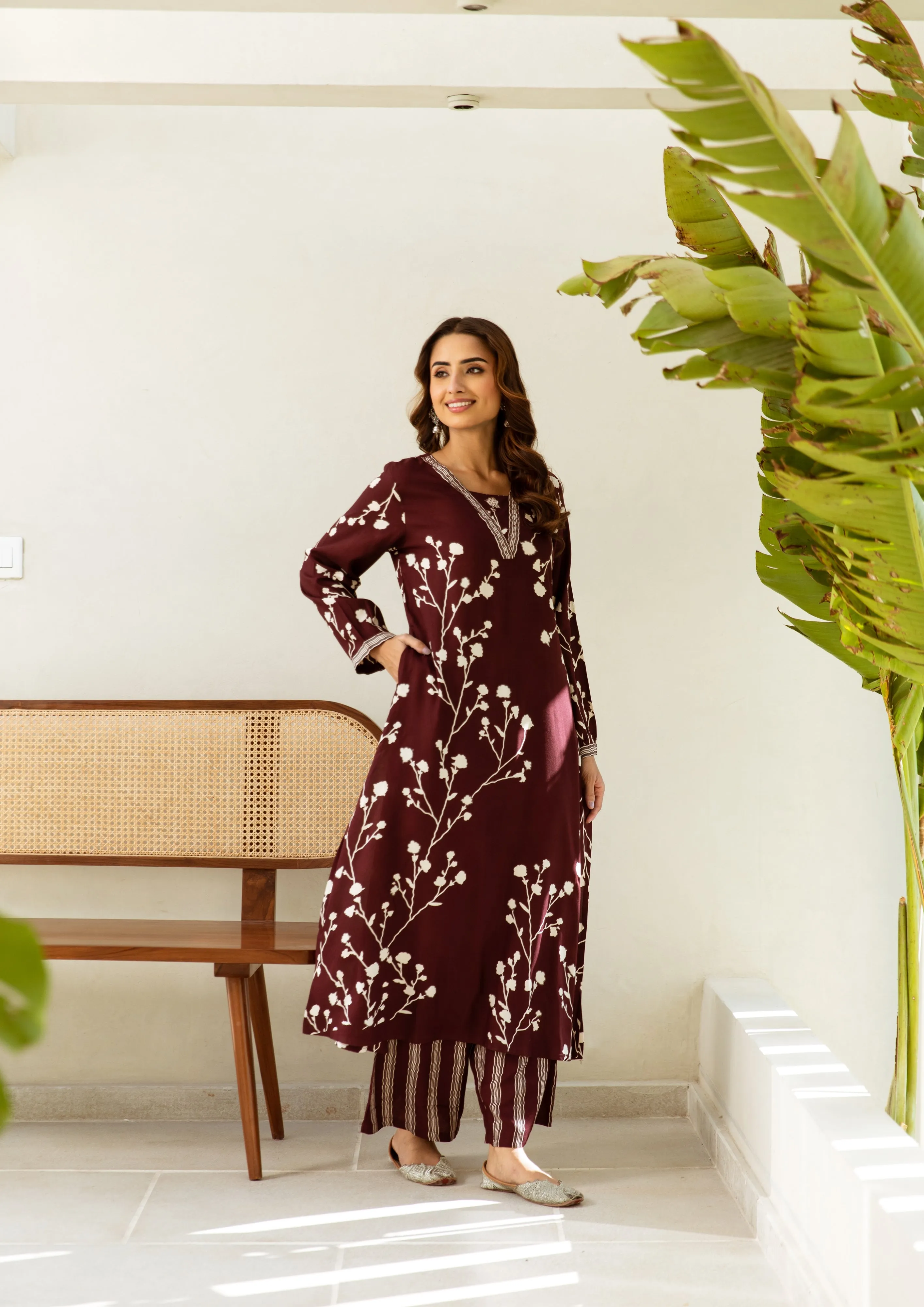 Women's Maroon German rayon Kurta Palazzo Set