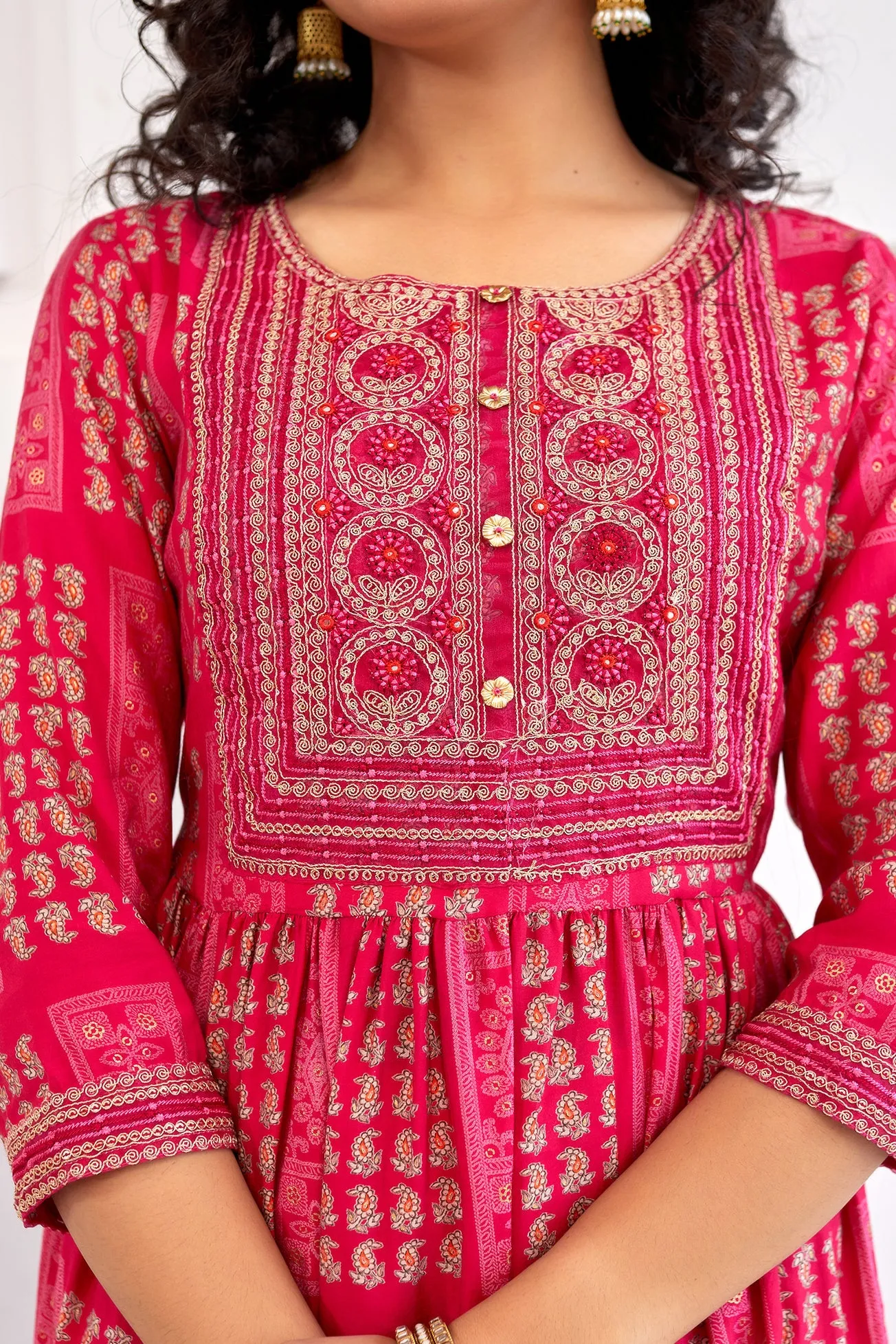 Women's Muslin Pink A-Line Kurta, Pant & Dupatta With Fancy Potli Set