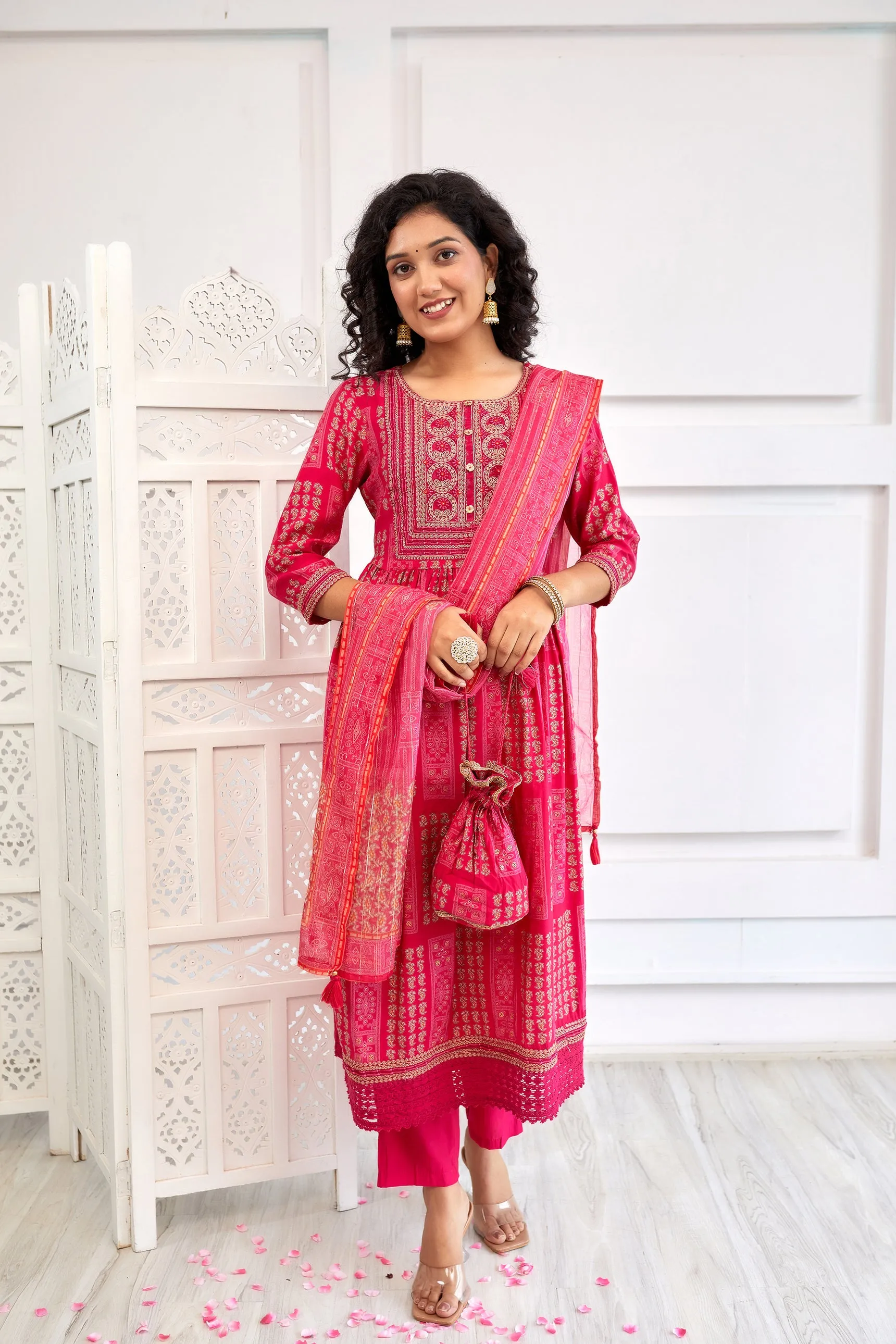 Women's Muslin Pink A-Line Kurta, Pant & Dupatta With Fancy Potli Set